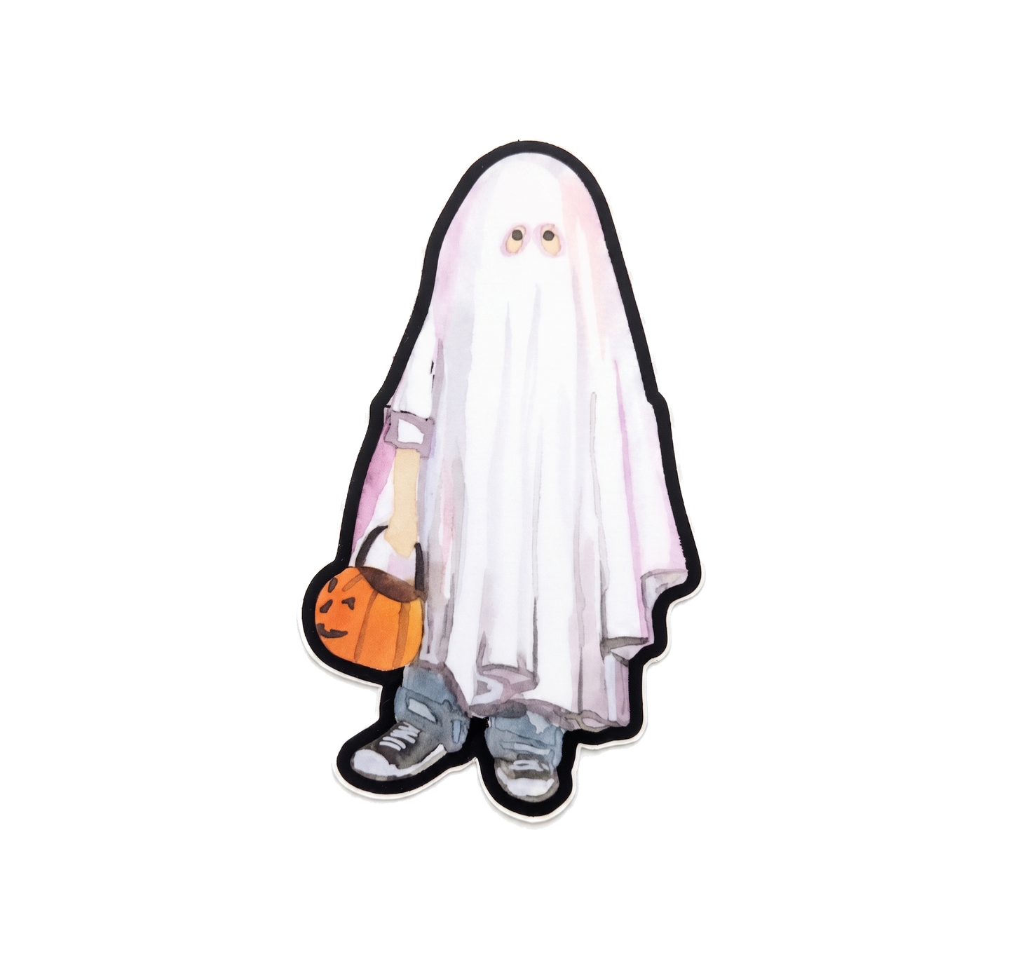Halloween Ghost Costume vinyl sticker by Made By Shellie — die-cut sticker of a watercolor trick-or-treater wearing a classic white sheet ghost costume with two eye holes; blue sneakers visible at the bottom; orange jack-o-lantern candy bucket held in one hand; black die-cut border; 2.5"×4"
