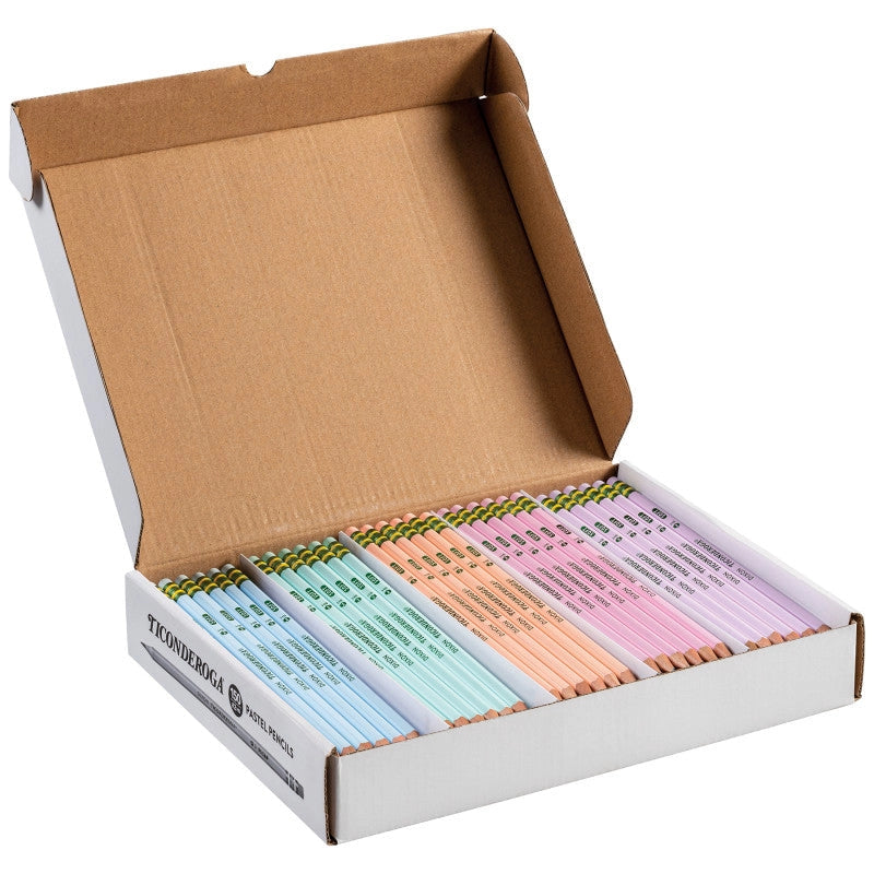 Open box of 150 Ticonderoga Pastel pencils showing four pastel colors — mint green, peach, pink, and lavender — arranged in rows inside a white Ticonderoga branded box