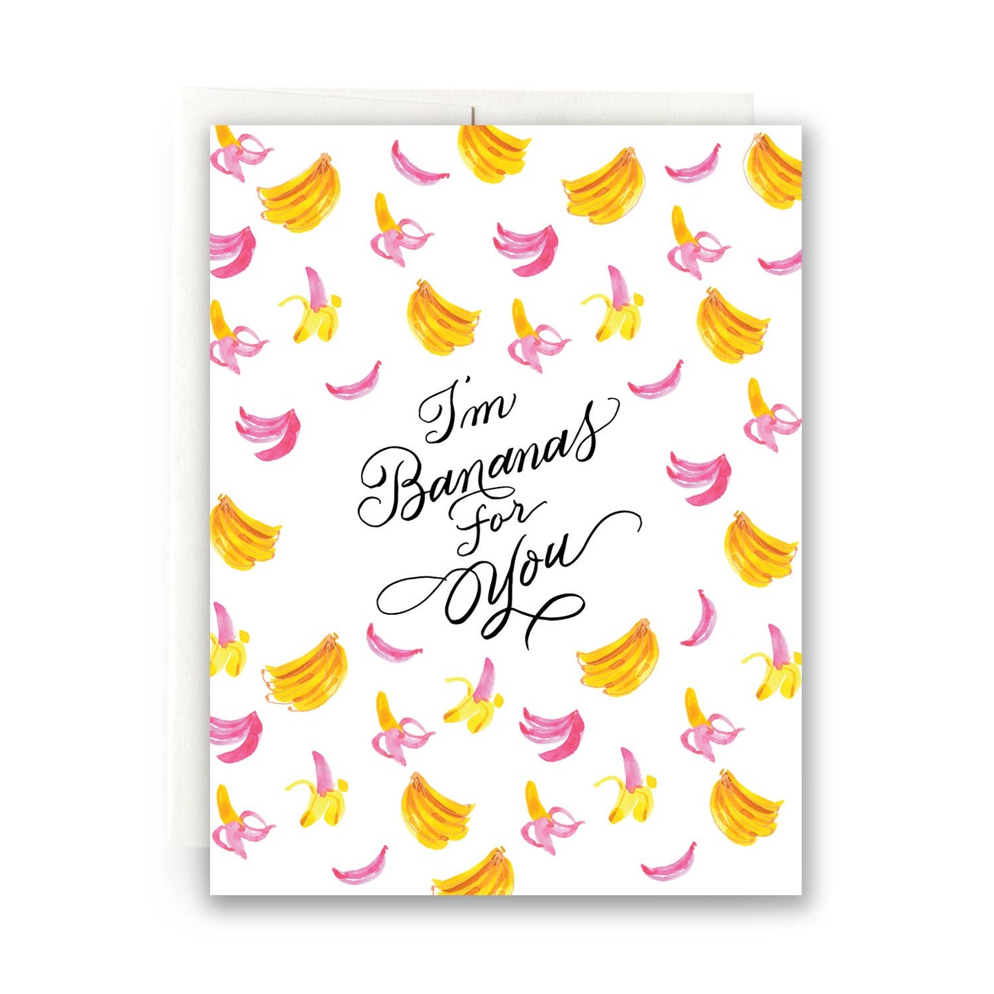 A love card for that special someone. The card has a white background with the words "I'm bananas for you," written in black cursive. The page has fun watercolors of pink and yellow bananas.