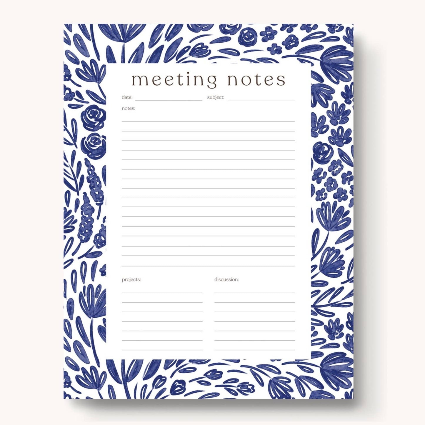 Notepad; Meeting Notes (Blue Porcelain Floral)