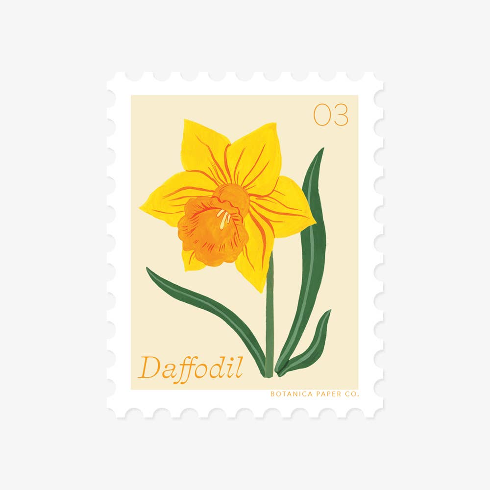 Botanica Paper Co. Daffodil vinyl stamp sticker — illustrated bright yellow daffodil with orange trumpet center and dark green stem on warm cream background; perforated stamp edges; "Daffodil" lettered at bottom in gold; numbered 03; Botanica Paper Co. branding at bottom right; light gray background