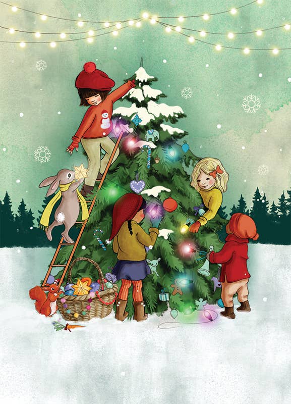 Belle & Boo Ltd Postcard; Christmas Tree Decorating (Vintage Colors)