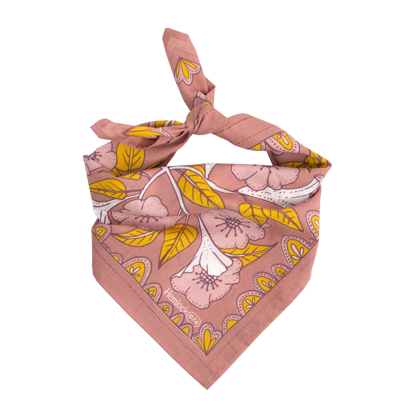A tied bandana with floral accents. The base of the bandana is a blush color with blush, white, and yellow accents.