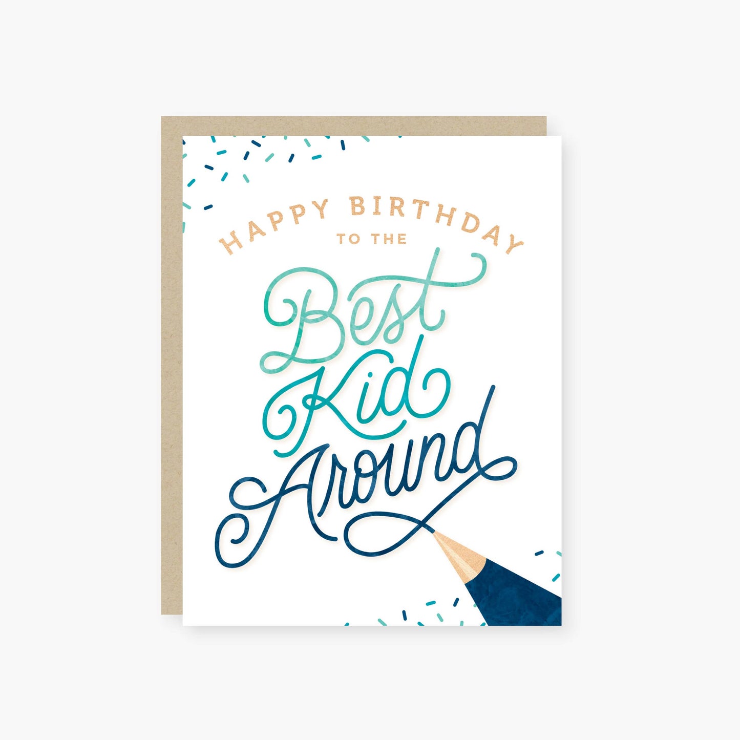 A white birthday card with teal and dark blue sprinkles on two corners of the card. The middle reads Happy Birthday to the Best Kid Around.