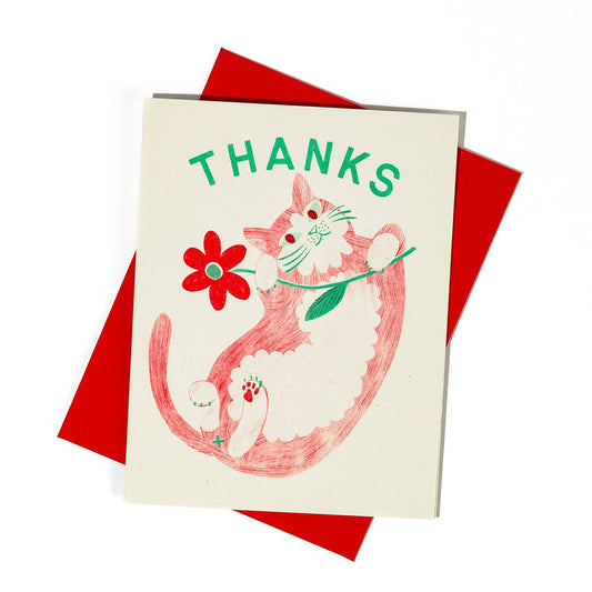 Thank You Card; Cat & Flower (Risograph Card)