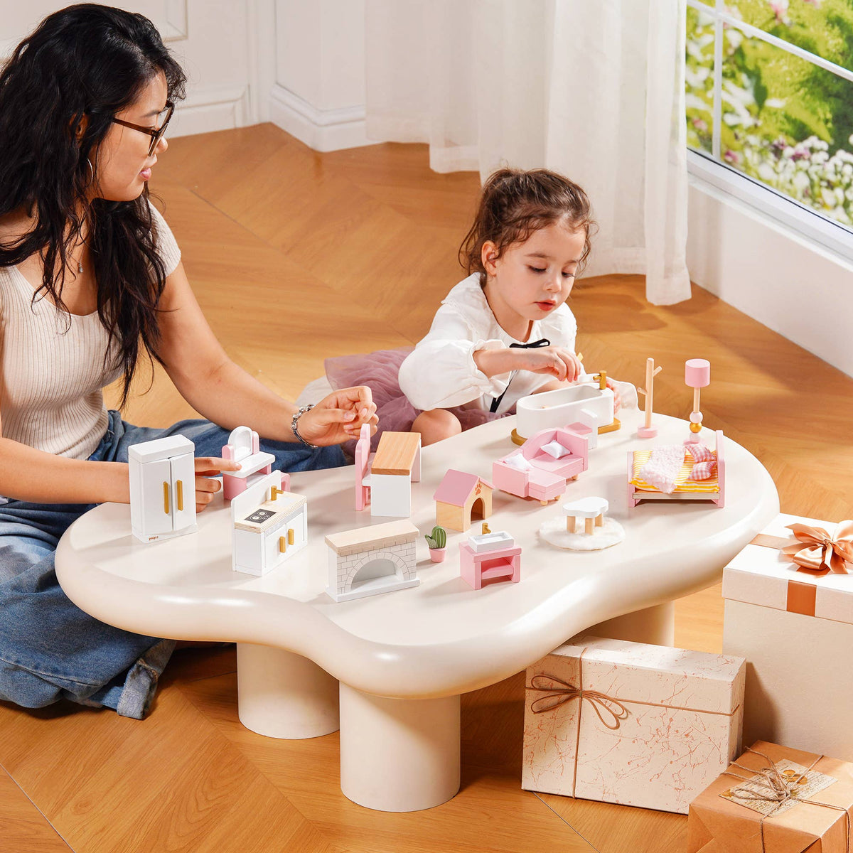Wooden Dollhouse Furniture Set | 28 Pieces Pink | ROBUD