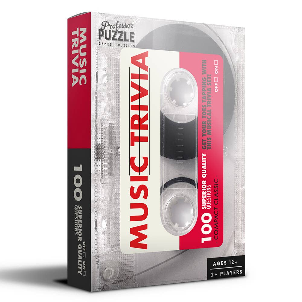 Mini Music Trivia card game by Professor Puzzle in a cassette tape-shaped clear plastic case with red and black packaging, 100 questions, ages 12+, 2+ players, on a white background
