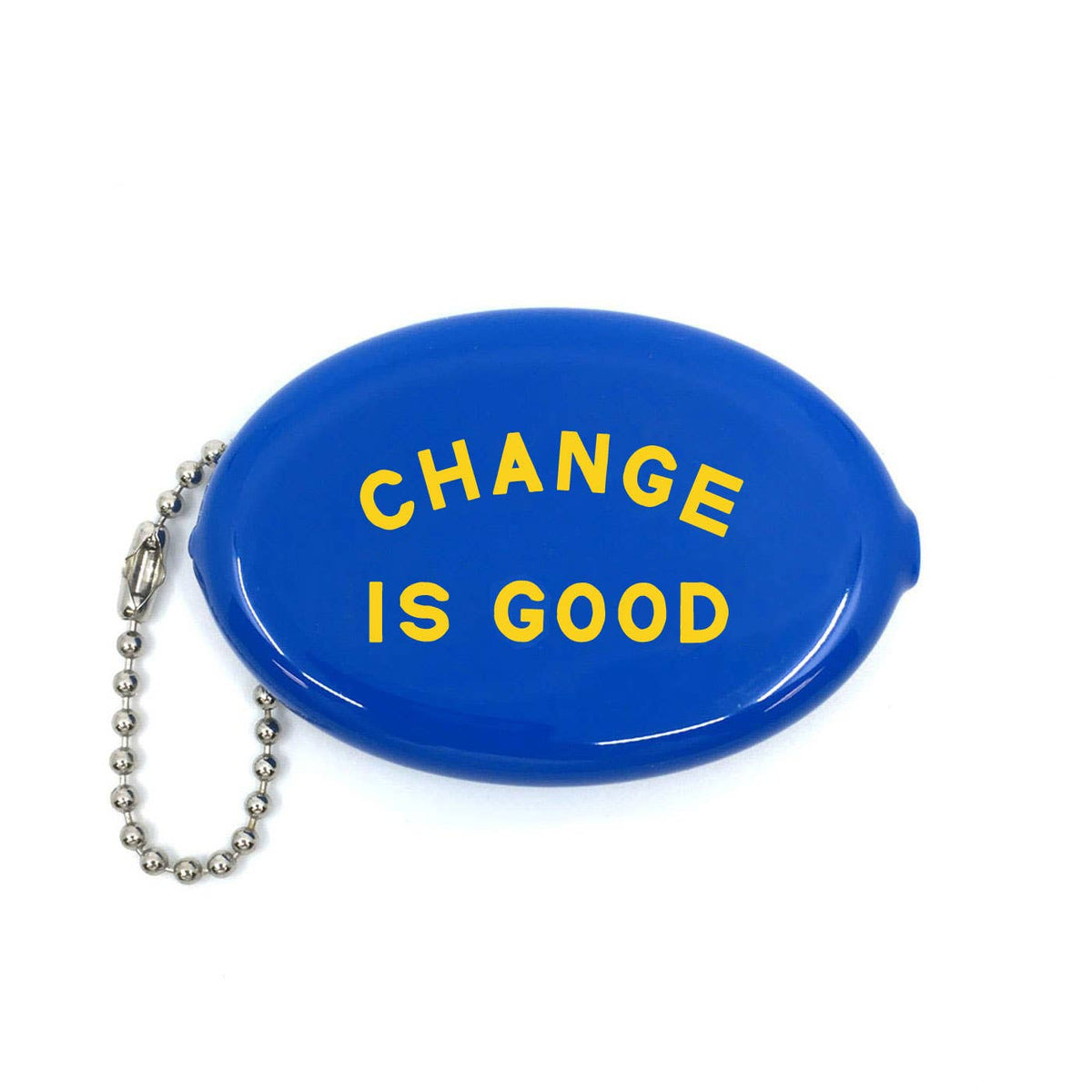 Three Potato Four Change Is Good rubber coin pouch on white background — oval glossy cobalt blue squeeze pouch with bold yellow arched "CHANGE IS GOOD" lettering across the face in two lines; silver ball chain with lobster clasp attached at left side