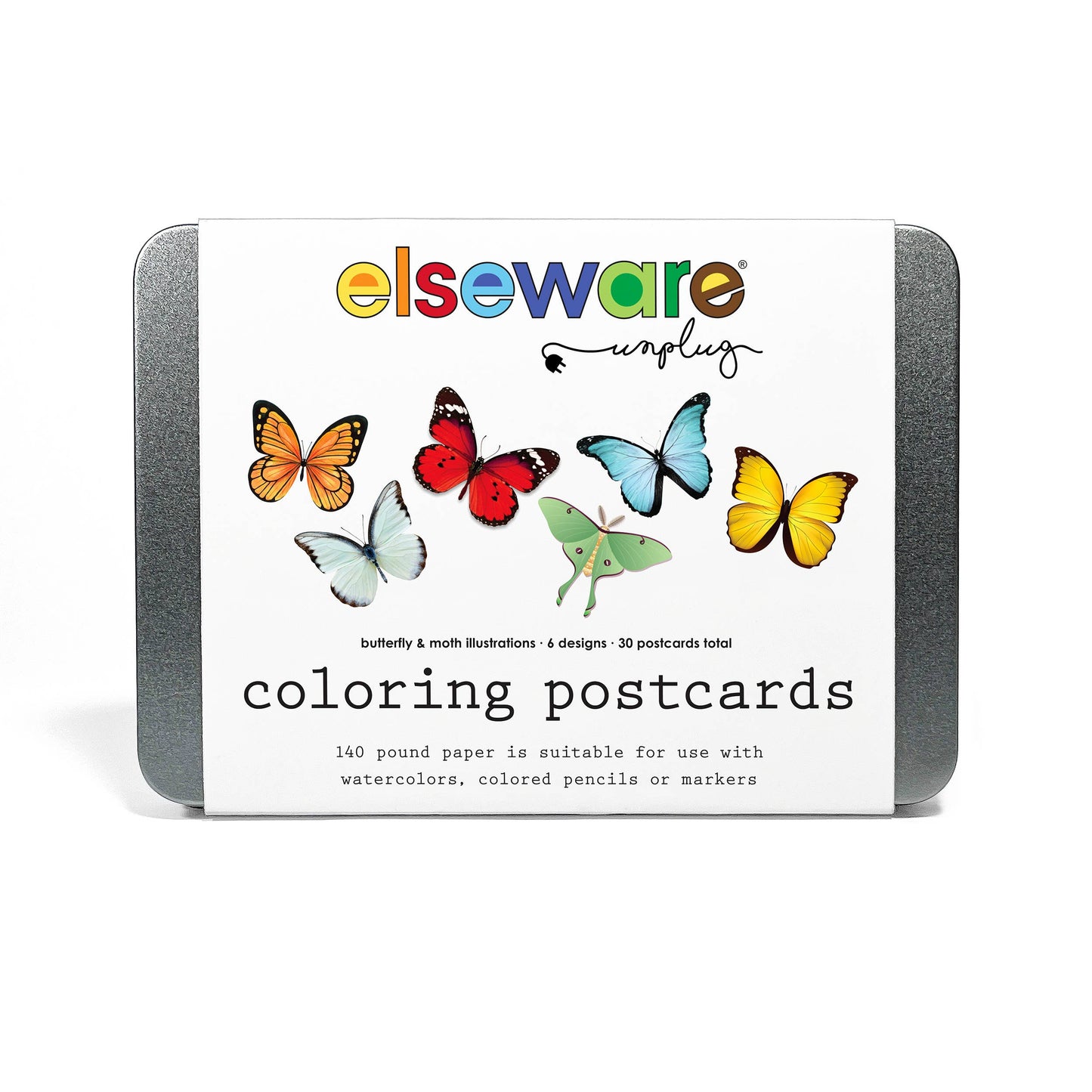 Elseware Unplug coloring postcards tin front on white background — silver rectangular tin with white label showing colorful Elseware Unplug logo; 6 colorful butterfly and moth illustrations including orange monarch, light blue chocolate albatross, red monarch, green luna moth, yellow clouded sulfur, and teal blue morpho; text reads "butterfly & moth illustrations · 6 designs · 30 postcards total" and "coloring postcards" and "140 pound paper is suitable for use with watercolors, colored pencils or markers"
