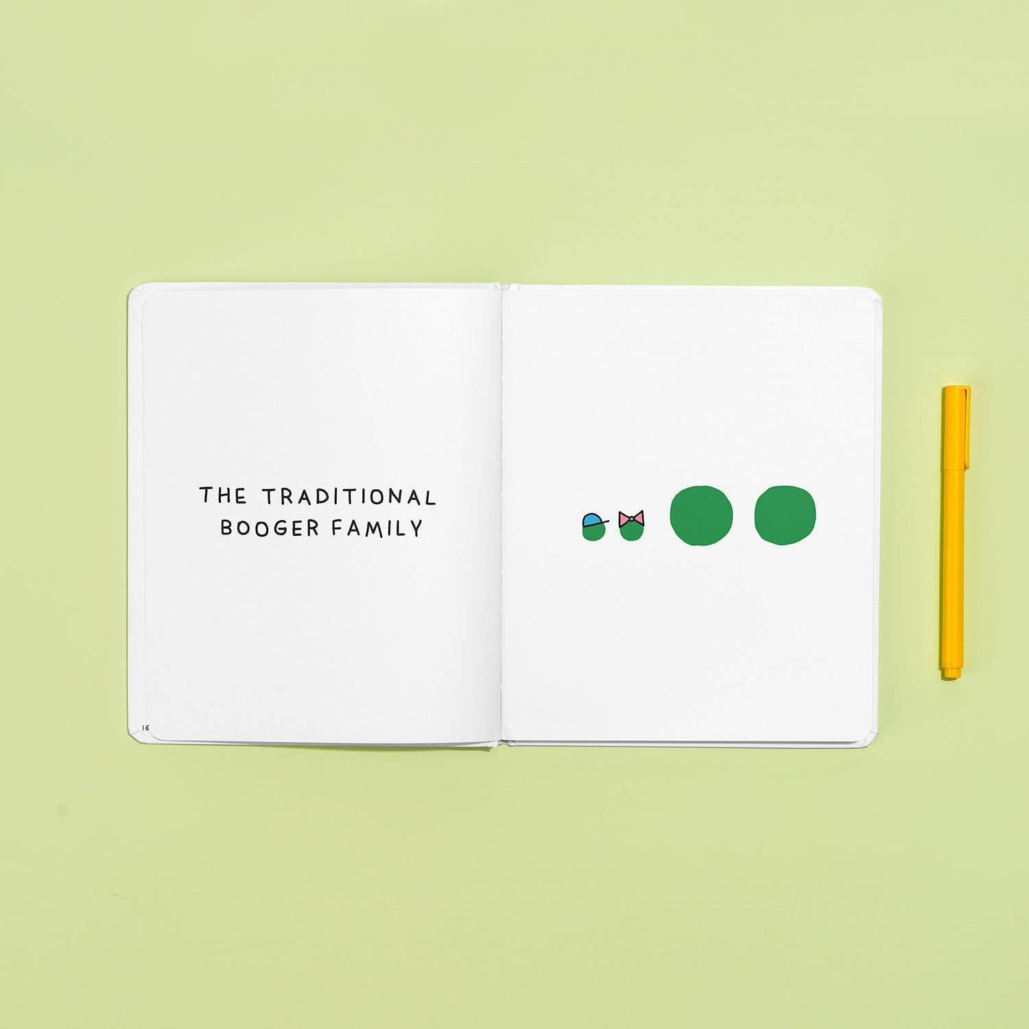 Open spread of The Only Booger Book You'll Ever Need showing pages 16–17 — "The Traditional Booger Family" on the left page and four green booger characters of different sizes with tiny hats and accessories on the right, beside a yellow pen on a light green background