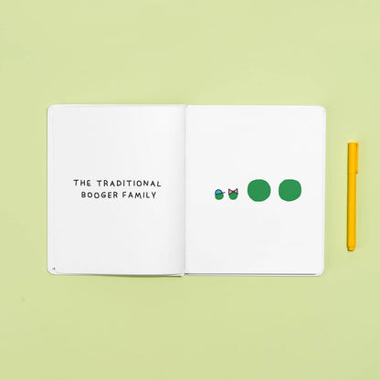 Open spread of The Only Booger Book You'll Ever Need showing pages 16–17 — "The Traditional Booger Family" on the left page and four green booger characters of different sizes with tiny hats and accessories on the right, beside a yellow pen on a light green background