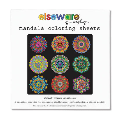 Elseware Unplug mandala coloring sheets package front on white background — white square cover with colorful Elseware Unplug logo and "mandala coloring sheets" title; black grid panel showing 9 completed colorful mandala designs in vibrant jewel tones; text reads "artist quality 110 pound watercolor paper" and "a creative practice to encourage mindfulness, contemplation & stress relief"