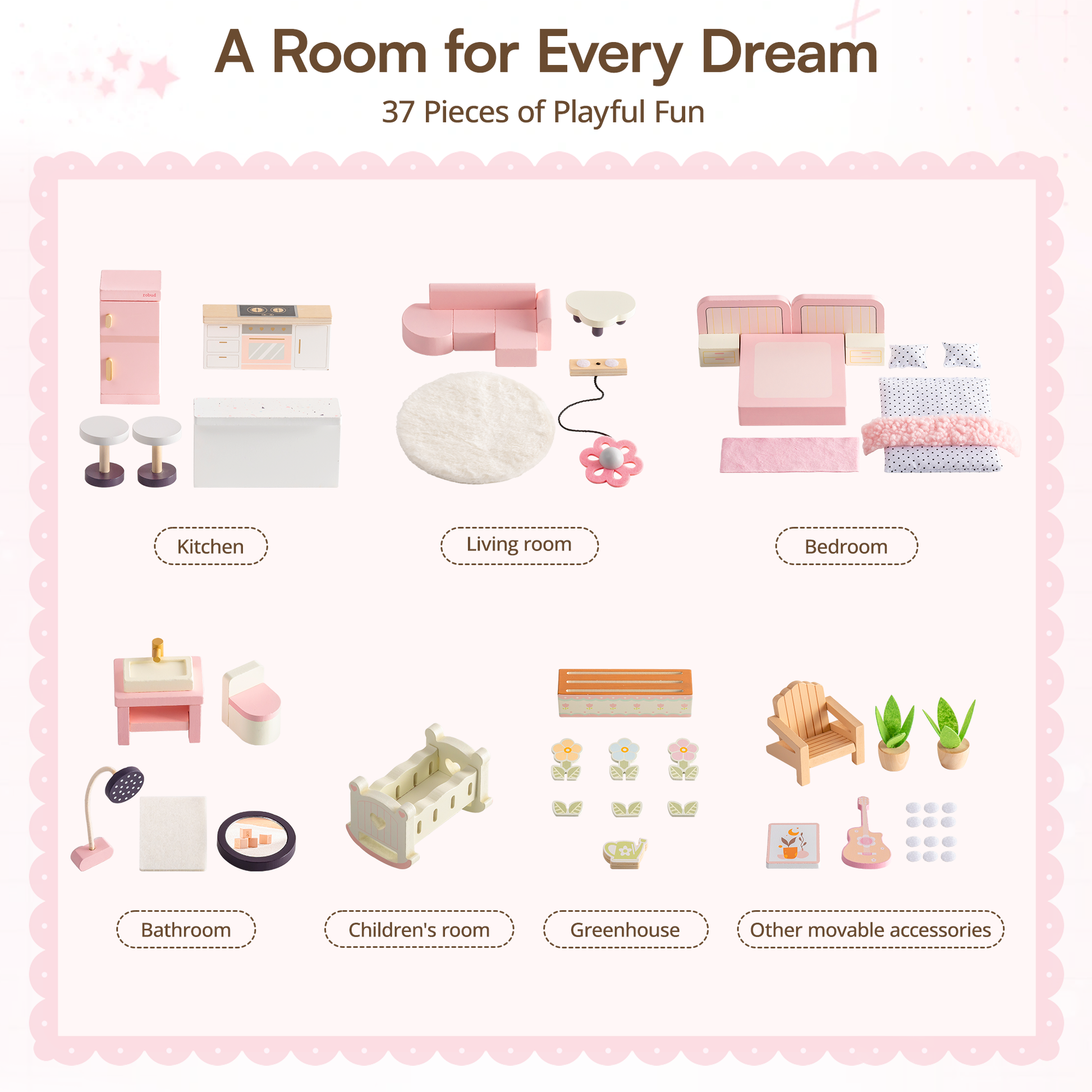 Infographic of all 37 Robud dollhouse furniture pieces grouped by room — Kitchen, Living room, Bedroom, Bathroom, Children's room, Greenhouse, and Other movable accessories including chair, plants, guitar, and wall art; headline reads "A Room for Every Dream: 37 Pieces of Playful Fun"