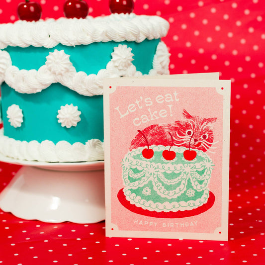 Birthday Card; Let's Eat Cake Cat (Risograph Card)