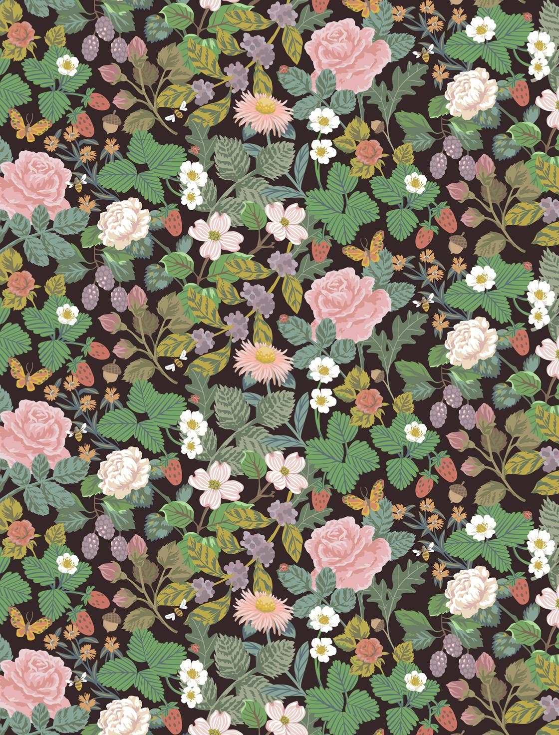 Helmsie wrapping paper sheet with lush dark botanical pattern — pink and white roses, strawberries, blackberries, white wildflowers, and orange butterflies on a deep brown-black background