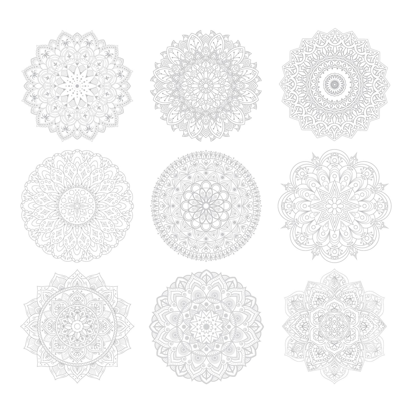 Grid of all 9 Elseware Unplug mandala coloring sheet designs on white background — lightly printed gray outlines on white; designs arranged in 3 rows of 3 featuring varied mandala styles including floral, geometric, starburst, petal, and interlocking ring patterns; all uncolored and ready to fill in