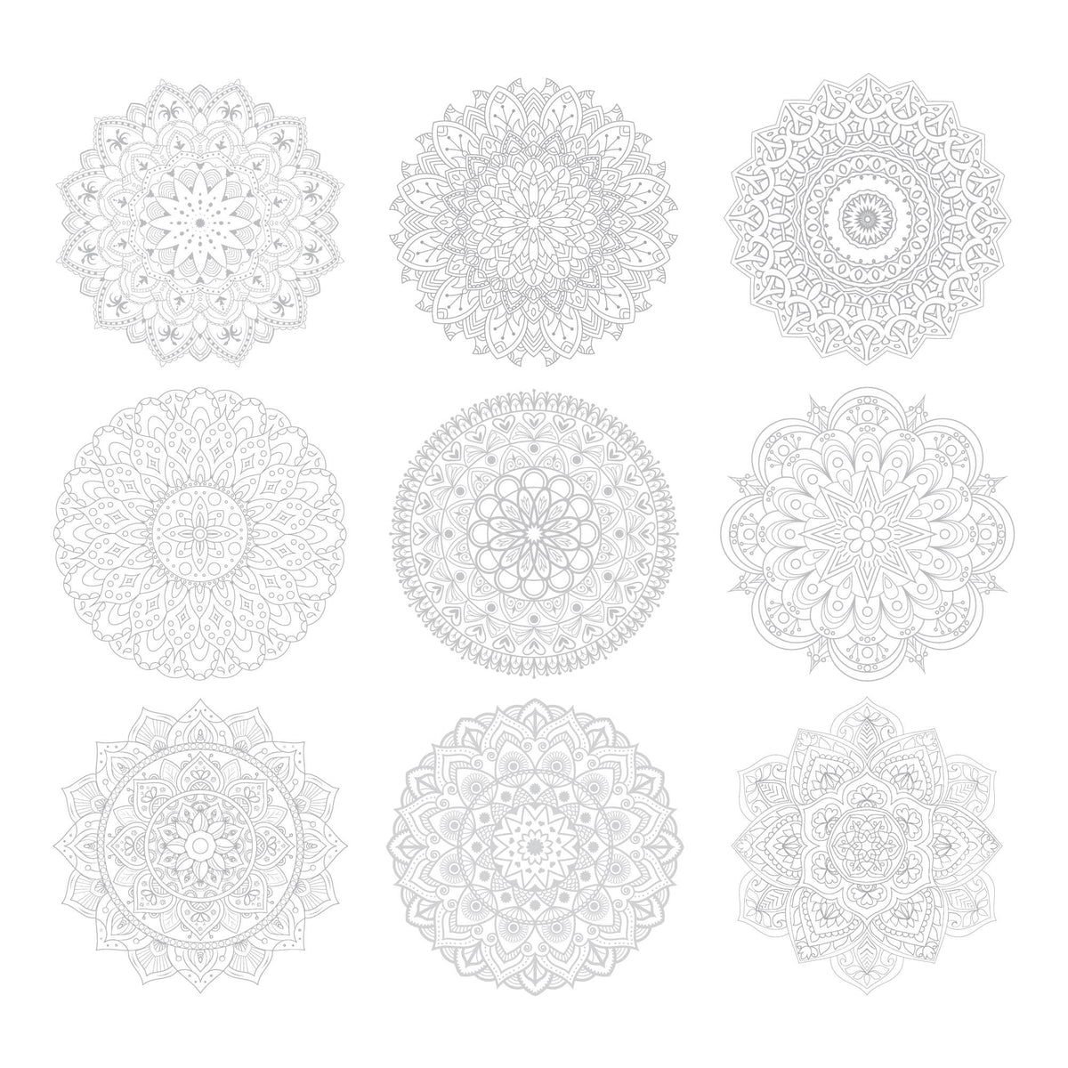 Grid of all 9 Elseware Unplug mandala coloring sheet designs on white background — lightly printed gray outlines on white; designs arranged in 3 rows of 3 featuring varied mandala styles including floral, geometric, starburst, petal, and interlocking ring patterns; all uncolored and ready to fill in