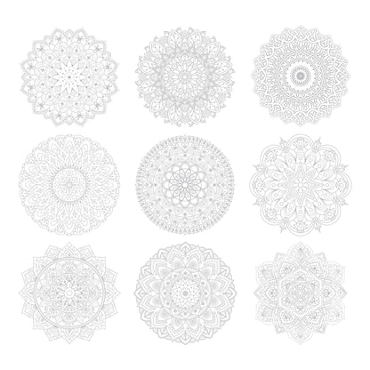 Grid of all 9 Elseware Unplug mandala coloring sheet designs on white background — lightly printed gray outlines on white; designs arranged in 3 rows of 3 featuring varied mandala styles including floral, geometric, starburst, petal, and interlocking ring patterns; all uncolored and ready to fill in
