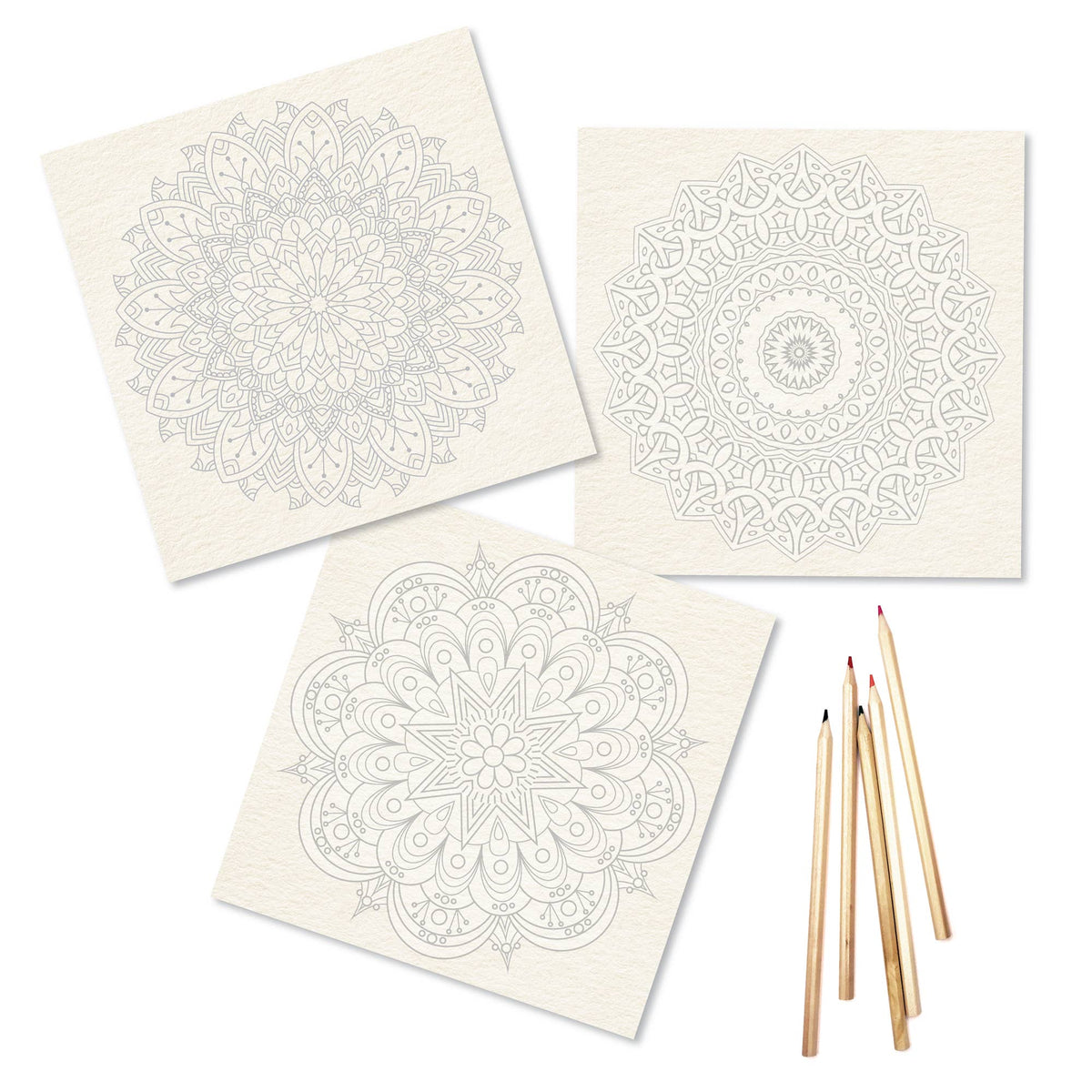 Three Elseware Unplug mandala coloring sheets fanned out on white background — each 9x9 inch sheet printed on warm ivory 110lb watercolor paper with lightly printed intricate mandala outlines; designs include a large floral petal mandala, a circular geometric mandala, and a star-centered mandala; four colored pencils fanned beside the sheets