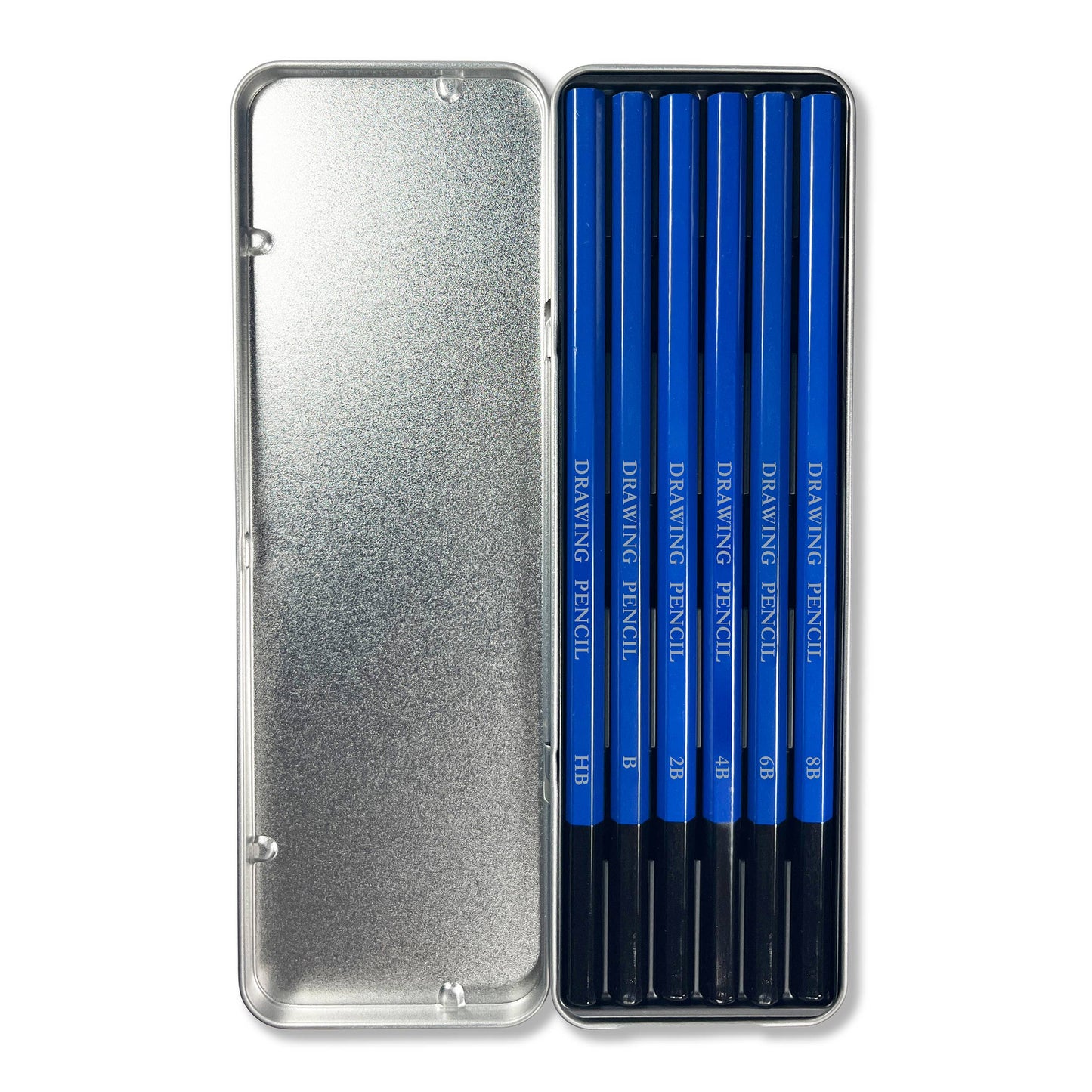 Open Elseware Unplug drawing pencils tin on white background — lid open to the left revealing silver interior; right side holds 6 blue-barreled graphite pencils labeled HB, B, 2B, 4B, 6B, and 8B arranged side by side with black tips facing down