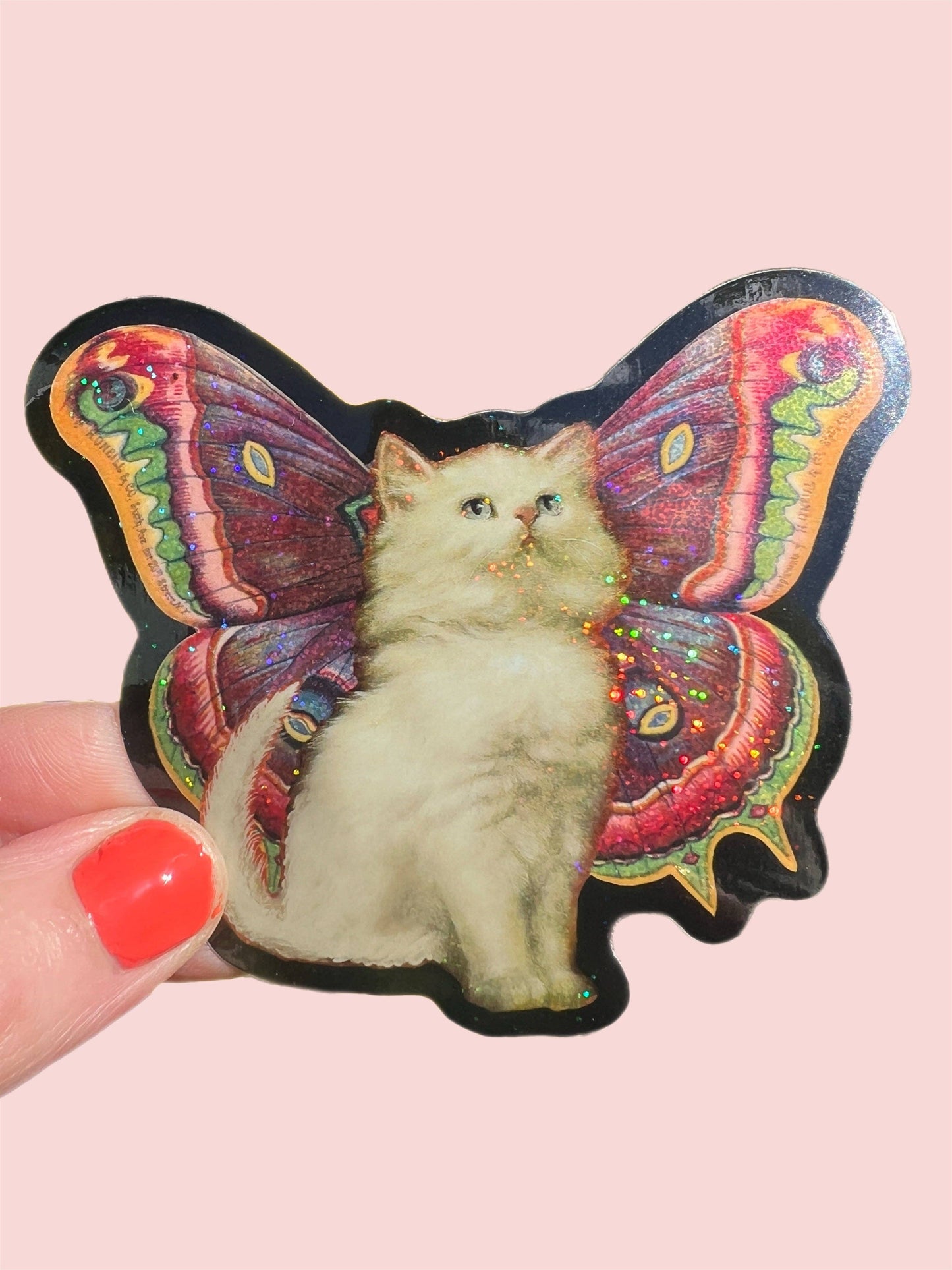 Vinyl Sticker; Cat Butterfly (Glitter 3 Inch)