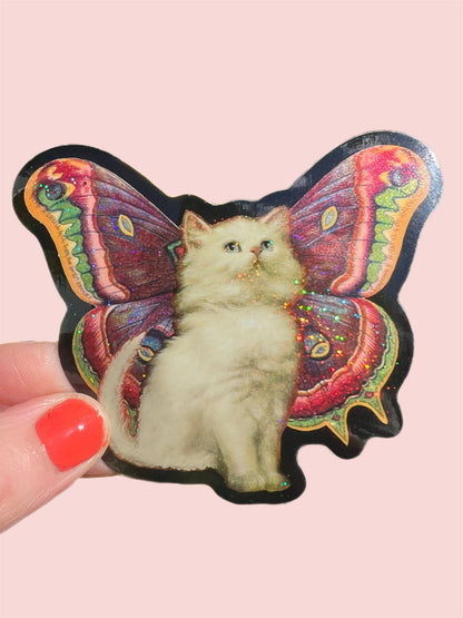 Vinyl Sticker; Cat Butterfly (Glitter 3 Inch)