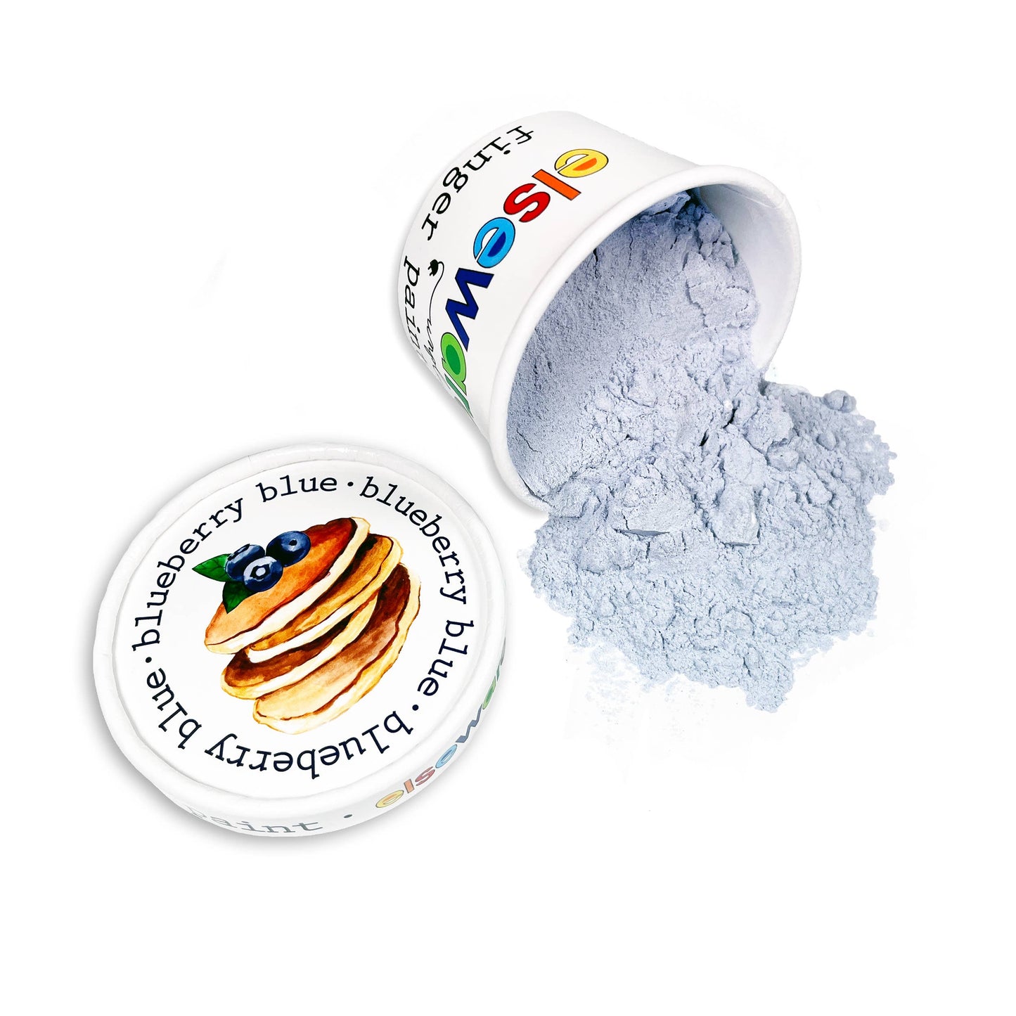 Elseware Unplug blueberry blue finger paint tub tipped on its side on white background with dry light blue powder spilling out — illustrated blueberry pancake lid beside the open tub; colorful Elseware Unplug logo visible on tub