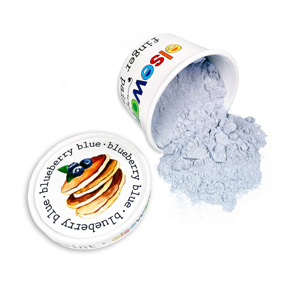 Elseware Unplug blueberry blue finger paint tub tipped on its side on white background with dry light blue powder spilling out — illustrated blueberry pancake lid beside the open tub; colorful Elseware Unplug logo visible on tub