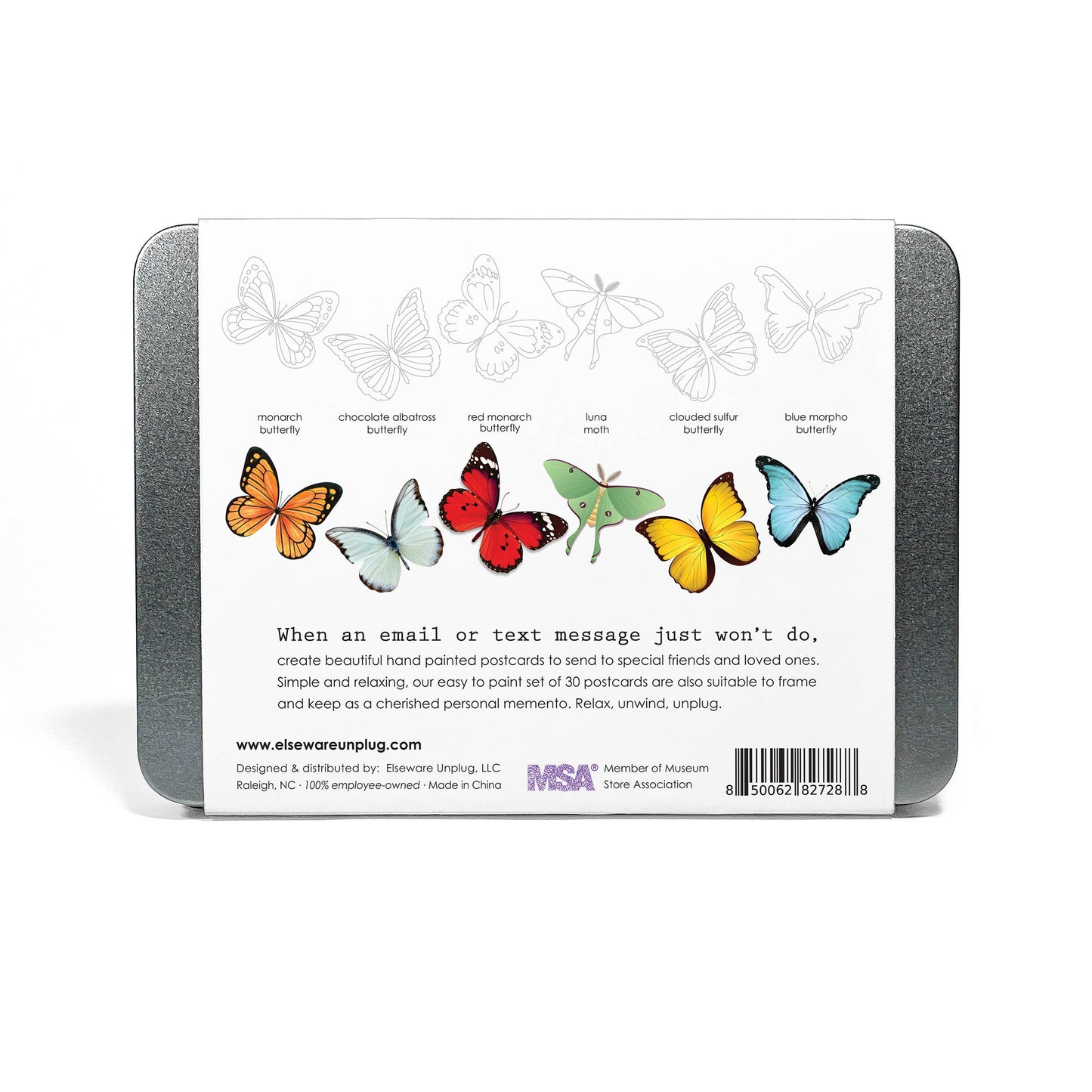 Back of Elseware Unplug coloring postcards tin on white background — silver tin with white label; top row shows 6 lightly printed uncolored butterfly outlines; bottom row shows 6 fully colored butterfly and moth illustrations labeled Monarch Butterfly, Chocolate Albatross Butterfly, Red Monarch Butterfly, Luna Moth, Clouded Sulfur Butterfly, and Blue Morpho Butterfly; tagline reads "When an email or text message just won't do, create beautiful hand painted postcards to send to special friends and loved ones
