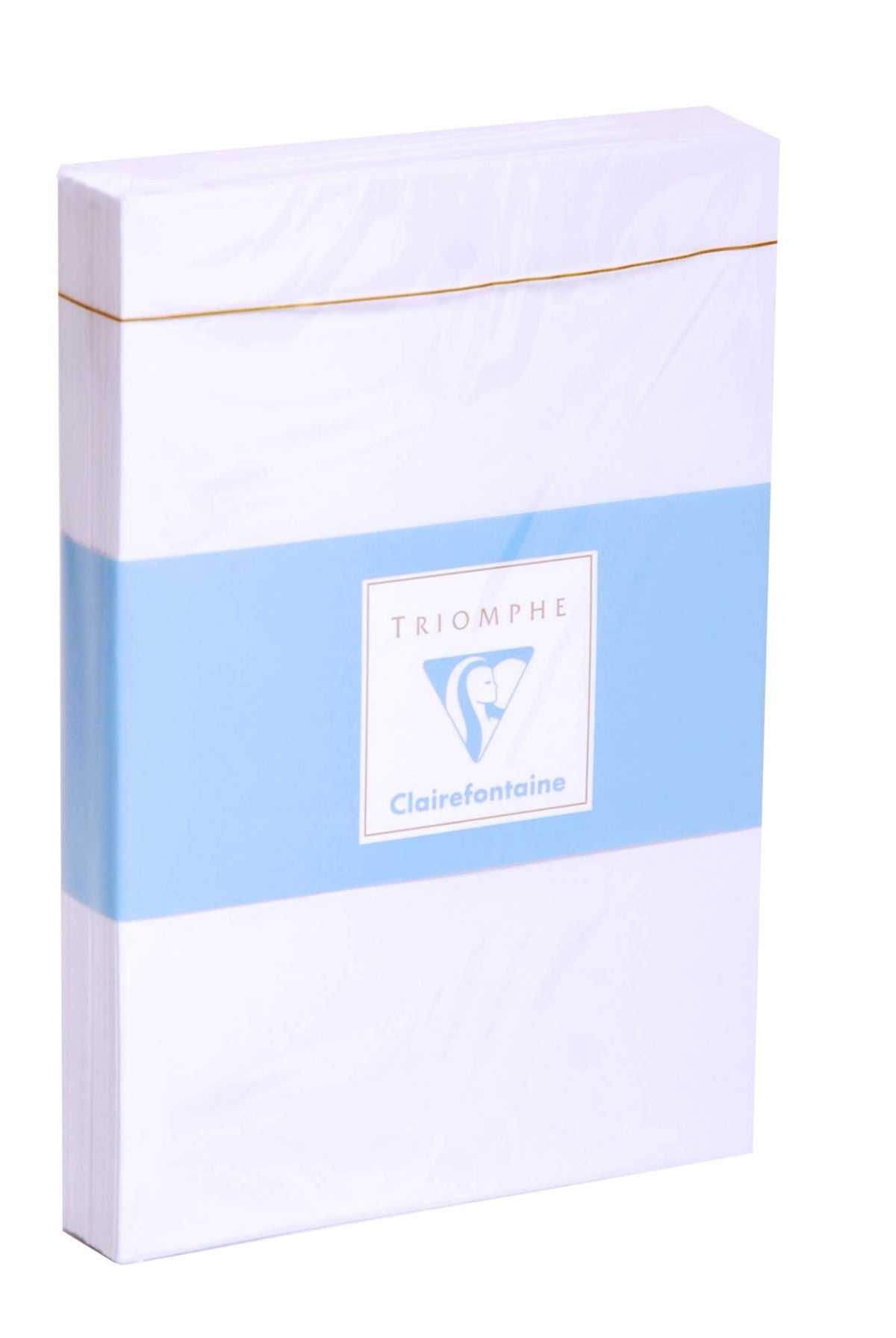 Clairefontaine Triomphe envelope box on white background — slim rectangular white box with gold foil top edge; pale blue band across center printed with "TRIOMPHE" in grey text above the Clairefontaine sailing ship logo in a white square frame and "Clairefontaine" wordmark in blue script below