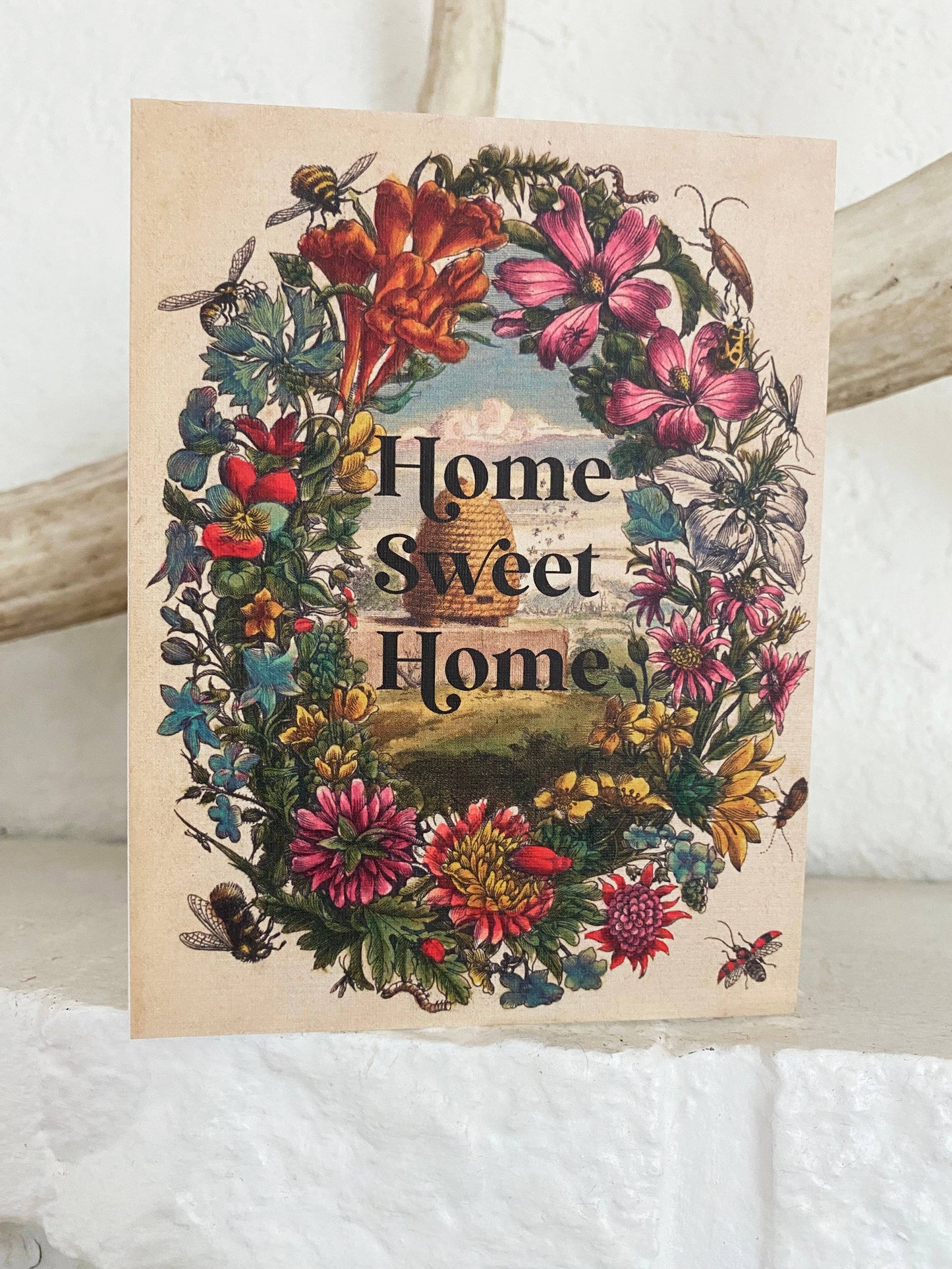 Greeting Card; Home Sweet Home (Cute Beehive Flowers)