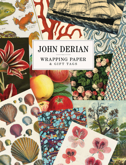 John Derian Wrapping Paper & Gift Tags book cover — collage of 12 wrapping paper sheet designs including 19th-century botanical illustrations of frogs, red amaryllis, seashells, apples, pink roses, pink geraniums, red coral, a tall ship on ocean waves, a blue scrollwork pattern, a small floral print, a marbled teal and rainbow pattern, and a landscape with trees, with "John Derian Wrapping Paper & Gift Tags" title in a white label at center