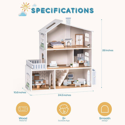 Wooden Dollhouse; 3 Story Doll House Set with Furniture (23 Pcs)