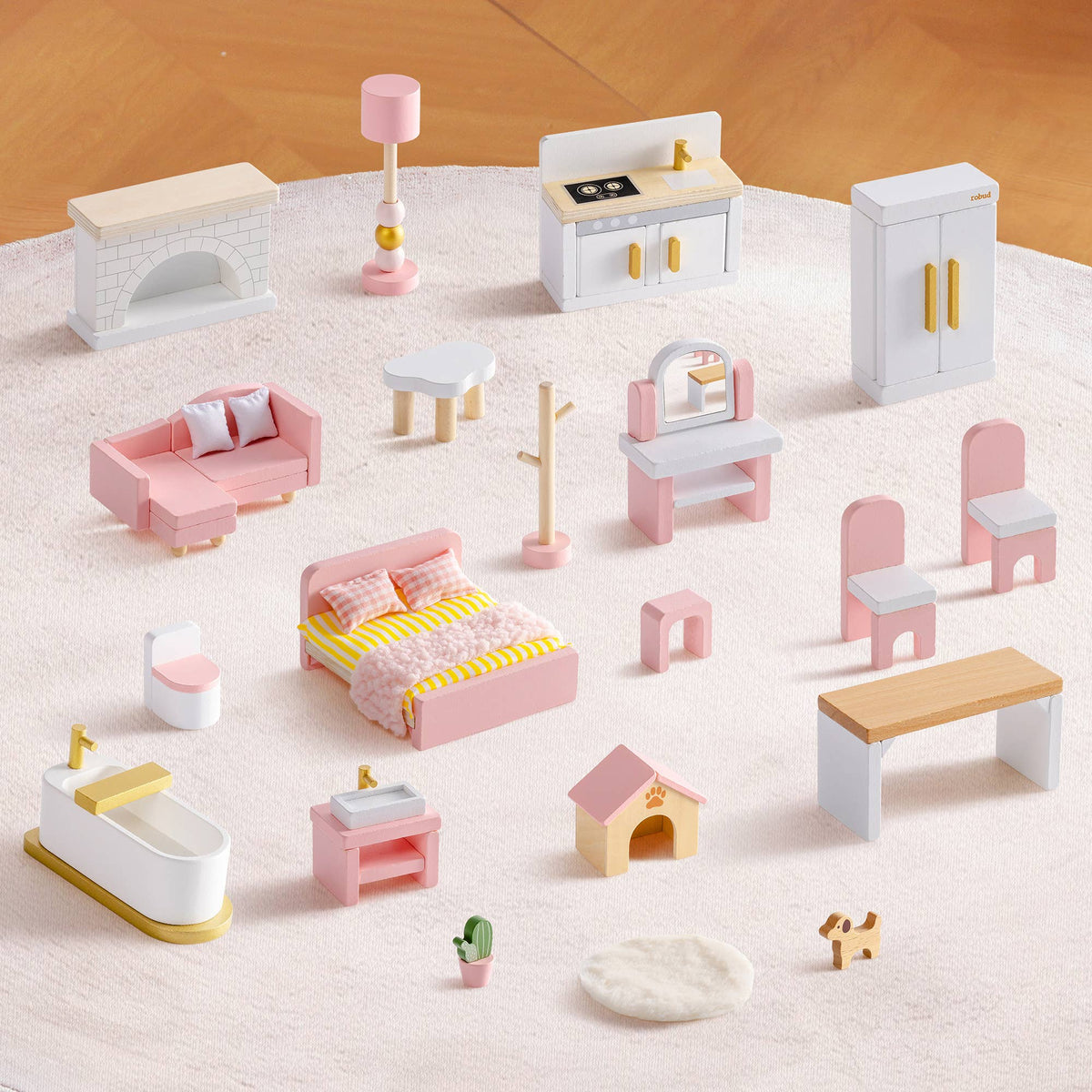 Wooden Dollhouse Furniture Set | 28 Pieces Pink | ROBUD