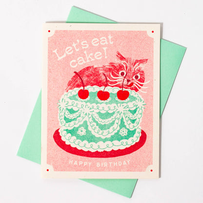 Birthday Card; Let's Eat Cake Cat (Risograph Card)
