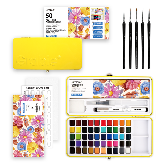 Grabie All-In-One Premium Watercolor Set of 50 (Paper, Pen, & 7 Brushes Included)