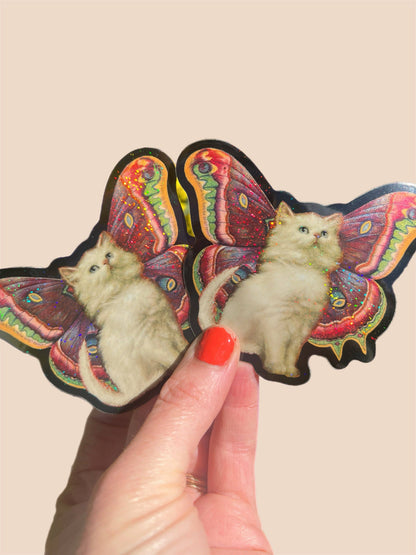 Vinyl Sticker; Cat Butterfly (Glitter 3 Inch)