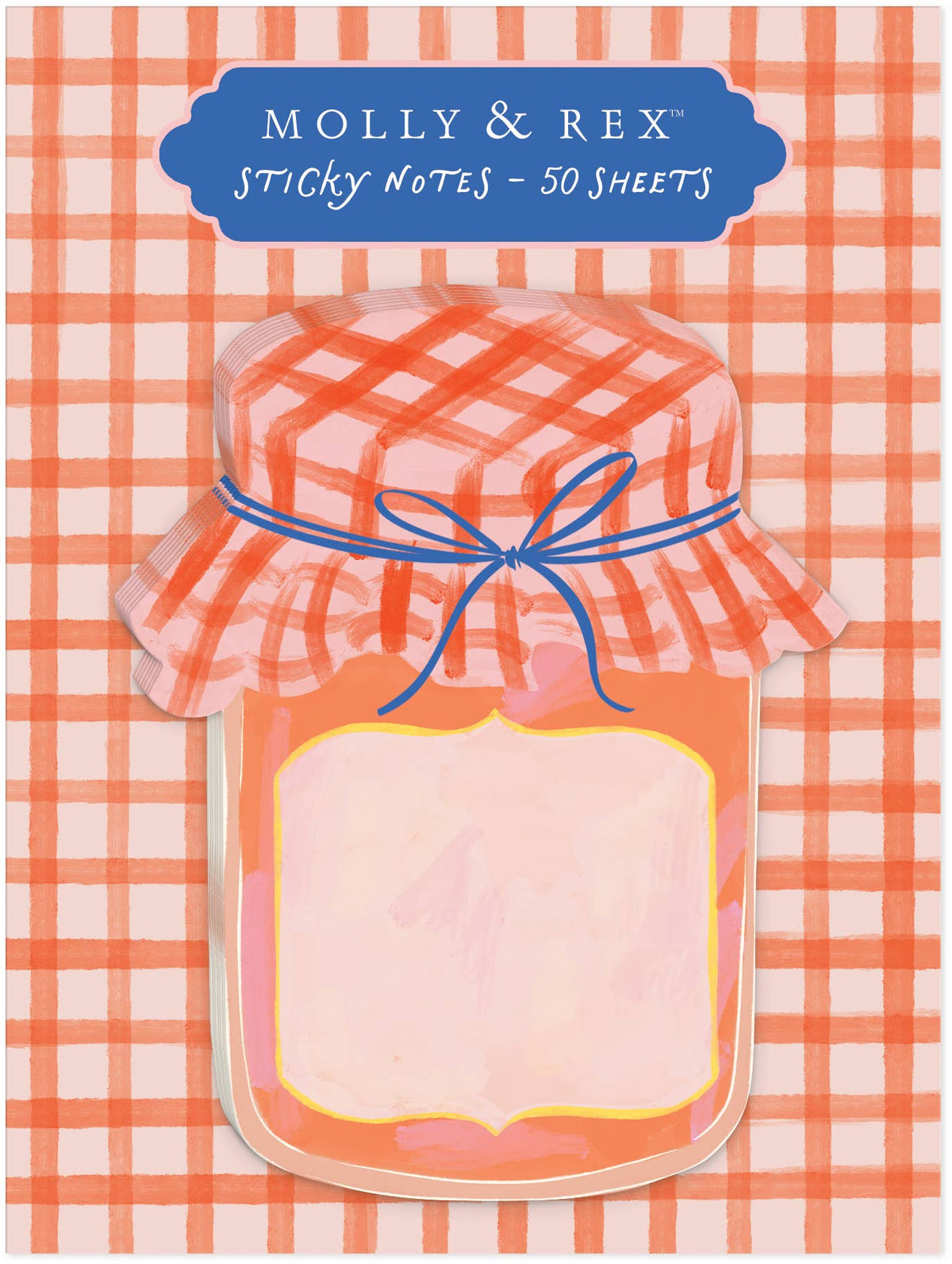 Molly & Rex Pepper Jam die-cut sticky notepad on orange gingham backer card — 50-sheet notepad die-cut in the shape of a jam jar; watercolor illustration features a gingham fabric cap in orange and pink tied with a blue bow, round jar body with blank yellow-framed label; backer card reads "Molly & Rex Sticky Notes – 50 Sheets" in navy on cream plaque at top