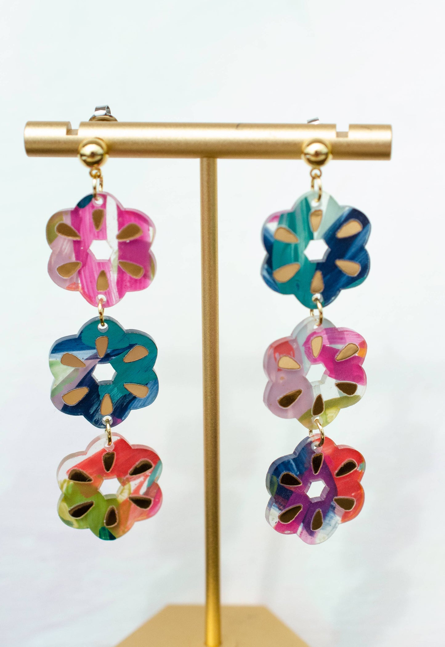 Earrings; Flower Dangle (Hand-painted, Colorful, Gold Accents) By Jill Makes