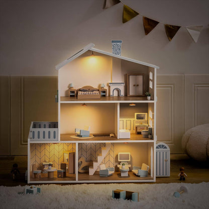 Wooden Dollhouse; 3 Story Doll House Set with Furniture (23 Pcs)