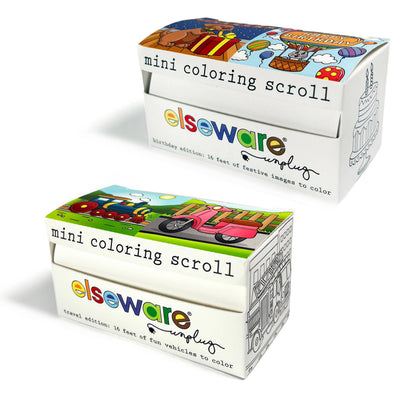 Two Elseware Unplug mini coloring scroll boxes on white background — top box is Birthday edition with colorful bear, balloons, and party animals on lid; bottom box is Transportation edition with train, tractor, and scooter on lid; both read "mini coloring scroll" in black text with Elseware Unplug logo