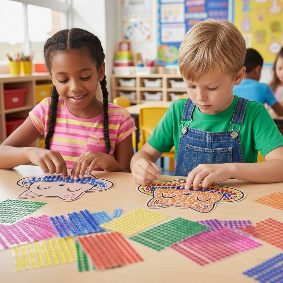 Two children decorating space cat and alien suncatcher designs with colorful peel-and-stick gem stickers at a classroom table, with multicolored gem sheets spread out in front of them