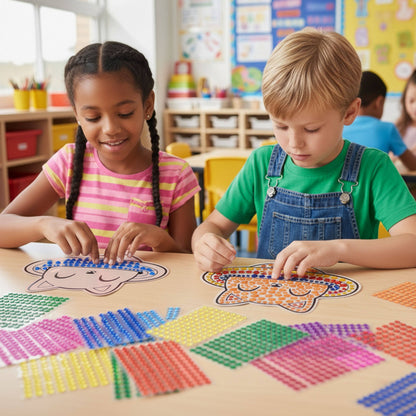 Two children decorating space cat and alien suncatcher designs with colorful peel-and-stick gem stickers at a classroom table, with multicolored gem sheets spread out in front of them