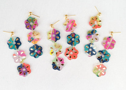 Earrings; Flower Dangle (Hand-painted, Colorful, Gold Accents) By Jill Makes