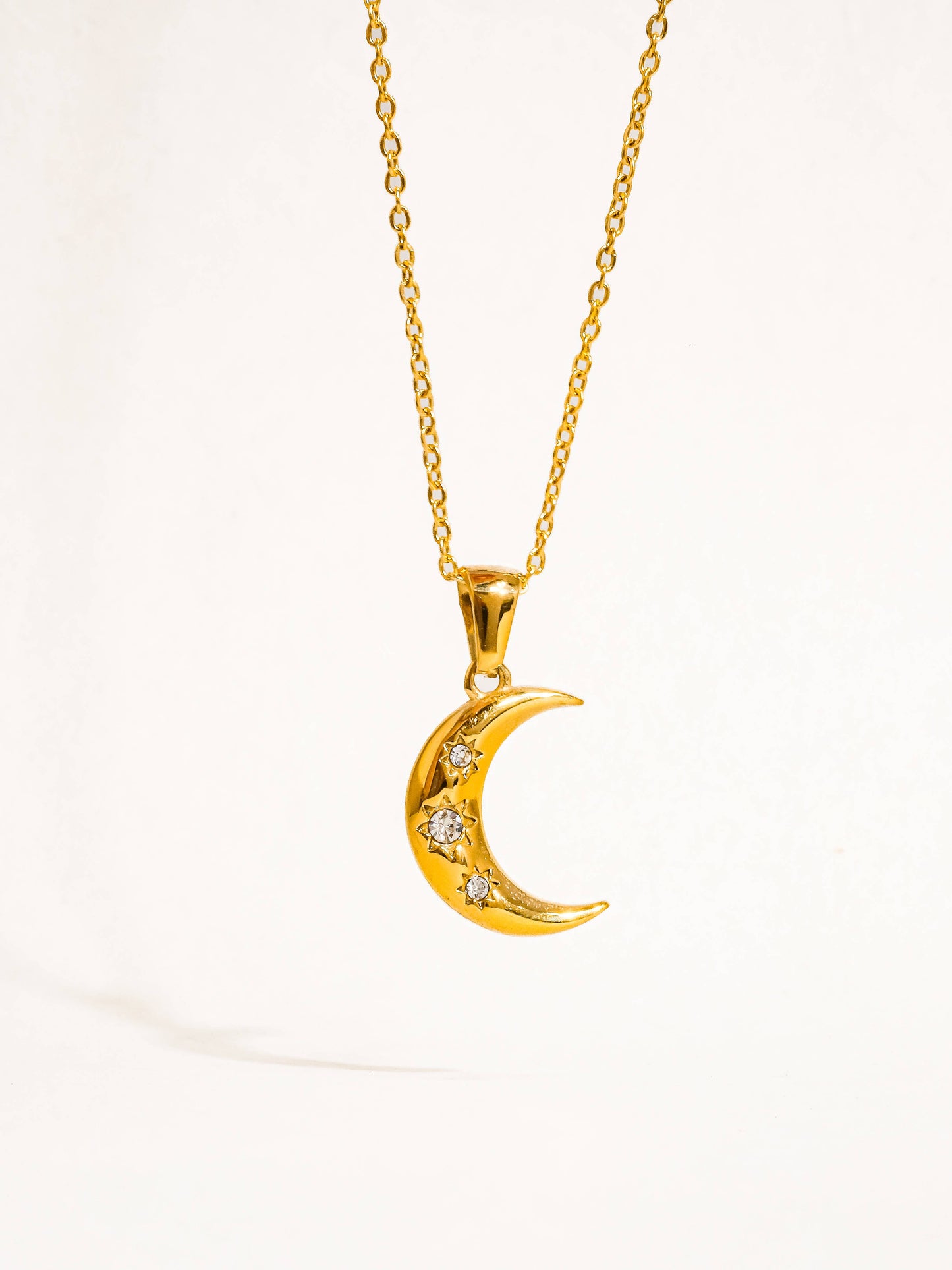 Necklace; Atlas 18K Gold Non-Tarnish Half Moon CZ Necklace