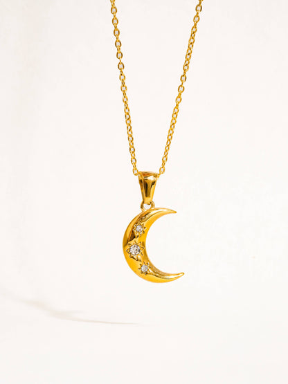 Necklace; Atlas 18K Gold Non-Tarnish Half Moon CZ Necklace