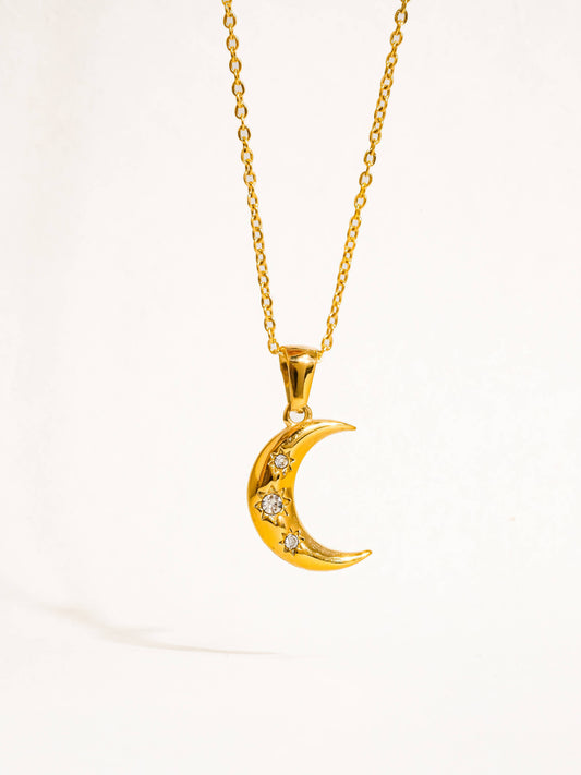 Necklace; Atlas 18K Gold Non-Tarnish Half Moon CZ Necklace