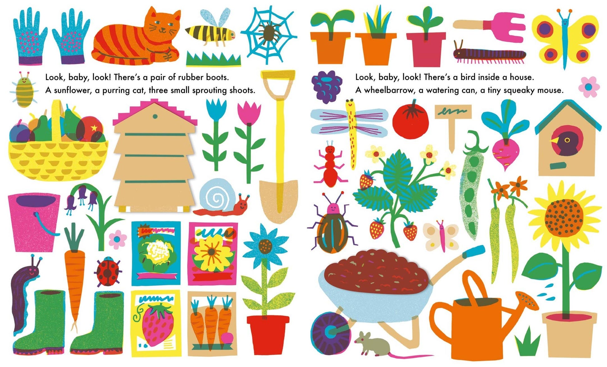 Interior spread of Look Baby Look Outside showing the Garden pages — colorful illustrations of rubber boots, sunflower, cat, bee, spider web, potted plants, garden tools, butterfly, shovel, snail, seed packets, carrots, ladybug, flowers, wheelbarrow, watering can, dragonfly, strawberries, birdhouse, and sunflower with rhyming text on a white background