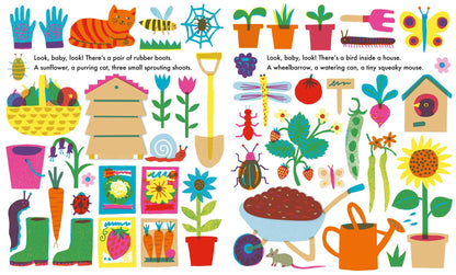 Interior spread of Look Baby Look Outside showing the Garden pages — colorful illustrations of rubber boots, sunflower, cat, bee, spider web, potted plants, garden tools, butterfly, shovel, snail, seed packets, carrots, ladybug, flowers, wheelbarrow, watering can, dragonfly, strawberries, birdhouse, and sunflower with rhyming text on a white background