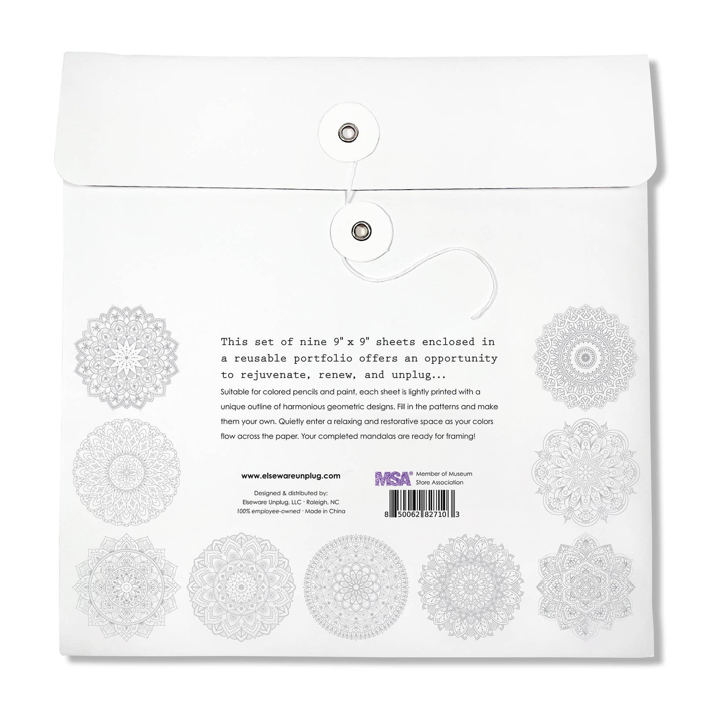 Back of Elseware Unplug mandala coloring sheets portfolio on white background — white string-and-button envelope closure with silver grommets; 9 lightly printed uncolored mandala outlines shown in soft gray arranged in two rows around centered product description text; elsewareunplug.com URL, MSA member badge, Elseware Unplug LLC Raleigh NC attribution, 100% employee-owned, Made in China, and barcode 850062827103